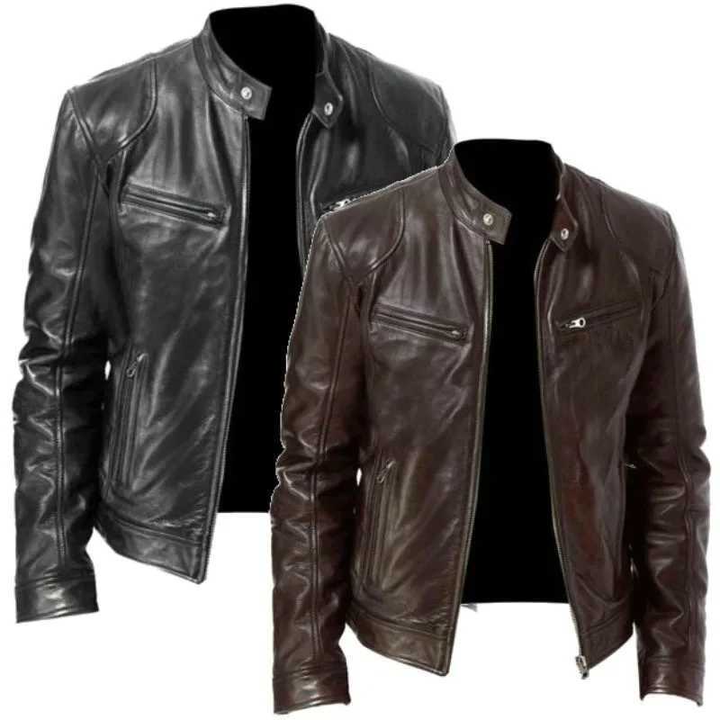 Mens Leather Jacket Stand Collar Trend Spring and Autumn New Leather Jacket Handsome Motorcycle Suit Oversized JacketT250311