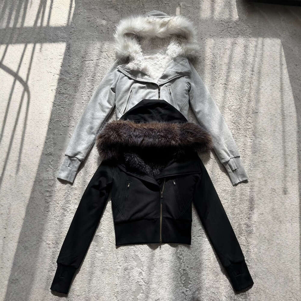 Autumn And Winter Hooded Fur Collar With Plush Inner Lining, Short Hoodie Women's Slimming Zipper Cotton Jacket, Y2k Cardigan