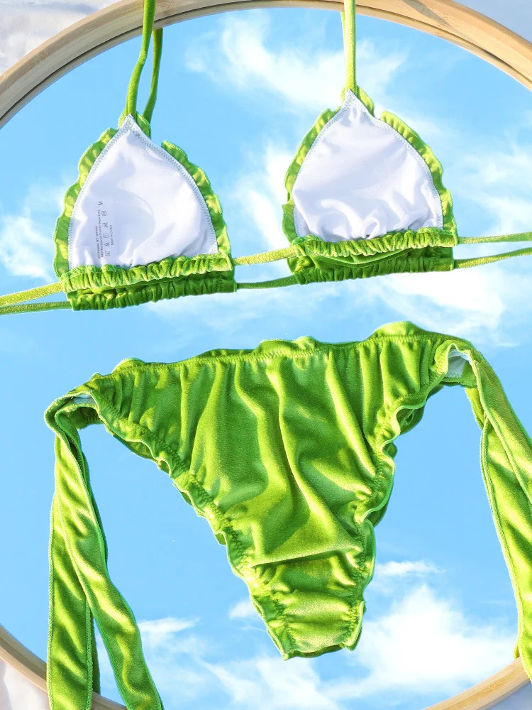 ZRTAK Swimsuit Bikinis Micro Thongs Women Triangle Swimwear Velvet Bandage Bathing Suits Brailian Biquini 250310