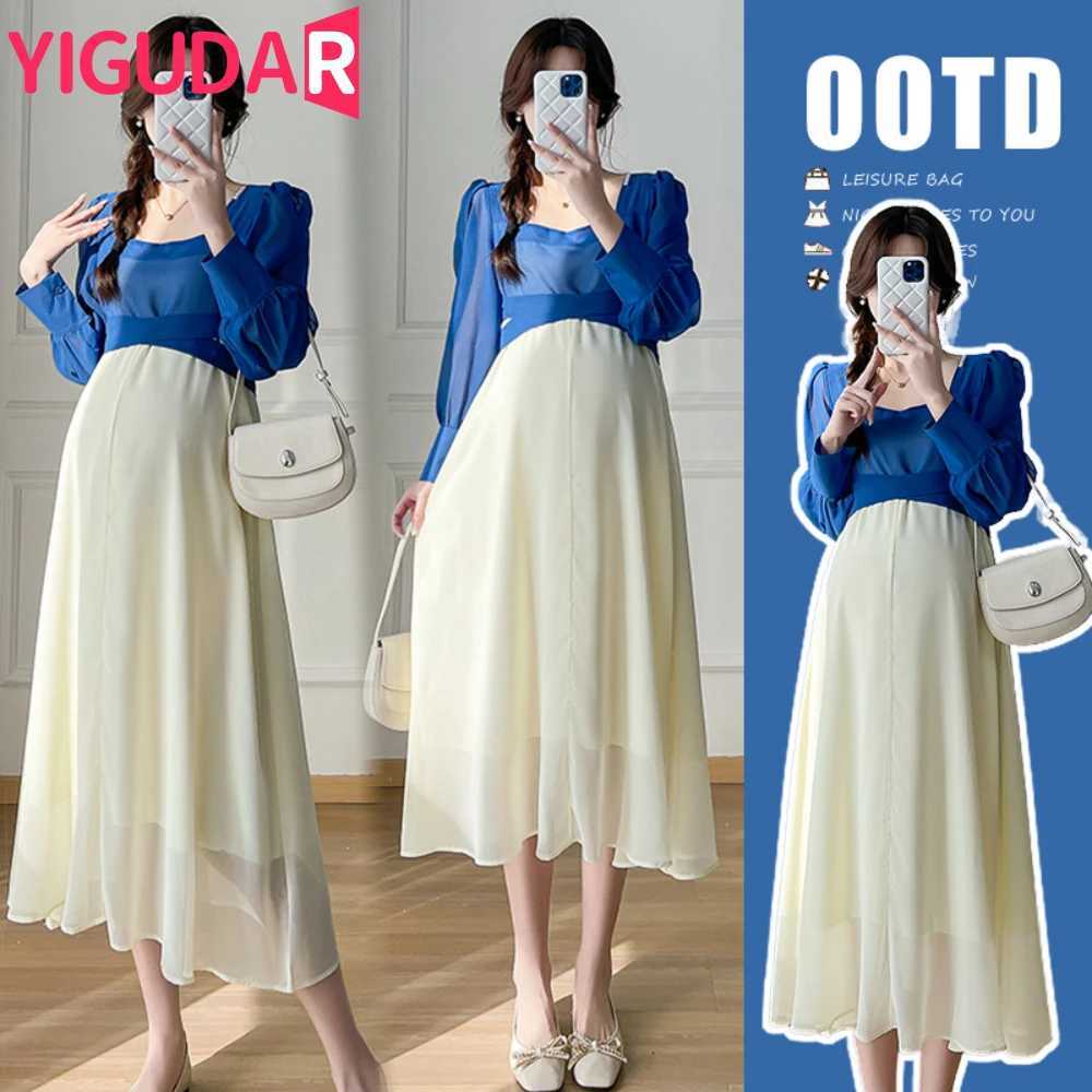 Maternity Dresses Long Sleeved Korean Edition Contrast Color Pregnant Dresses Contrast Color Loose Fit Pregnant Women Long DressT250311