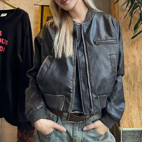 American Vintage Short Motorcycle Leather Jacket Clothing Autumn New Retro Streetwear Loose Casual Brown Coat Women Tops