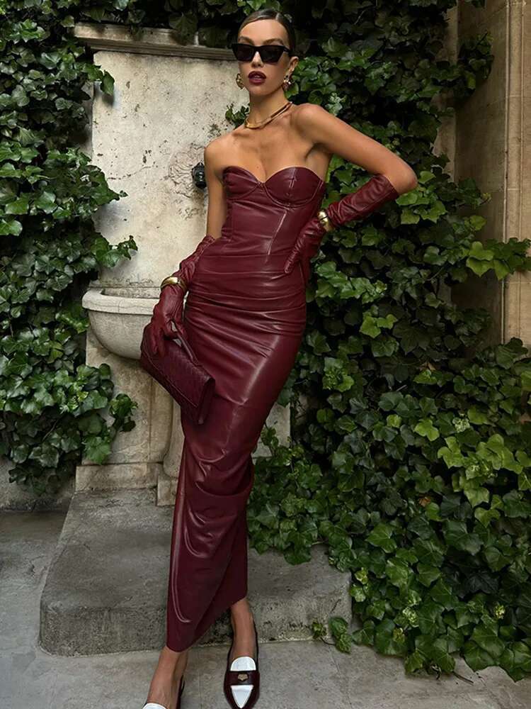 Women Bury Sexy Pu Leather Strapless Dress Fashion Backless Sleeveless Long Gown 2025 New Female Evening Party Prom Robe