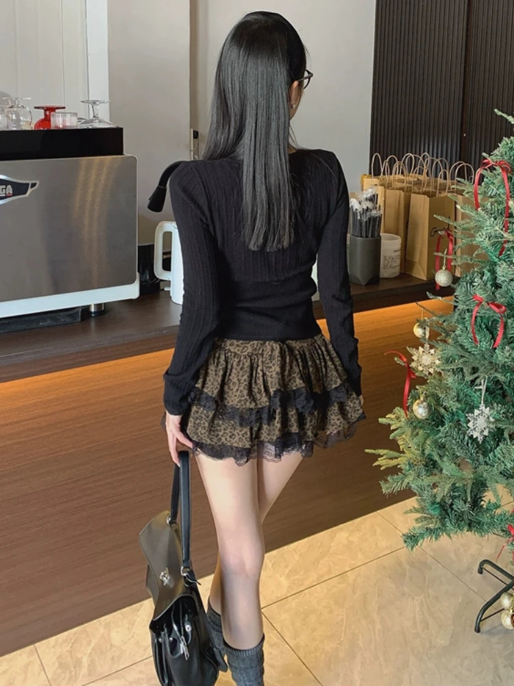 Spring Coolgirl Leopard Print 2piece womens bow lace slim fit top mini patch work cake leather Japanese fashion Y2K retro set 250312