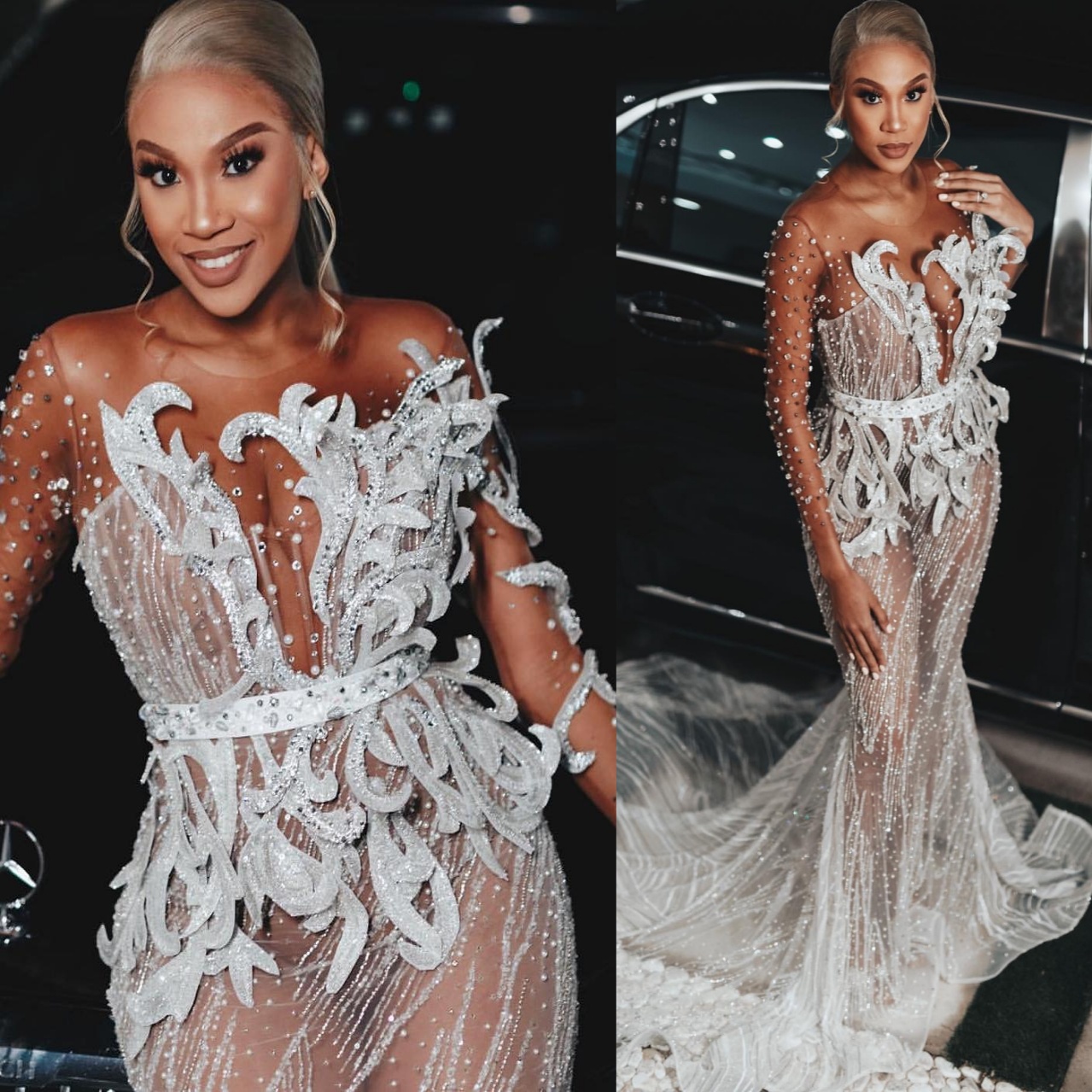 2025 Plus Size Ivory Prom Dresses Mermaid Full Sleeves Beaded Crystals Floral Lace See Through Evening Formal Birthday Party Special Occasion Dress Go