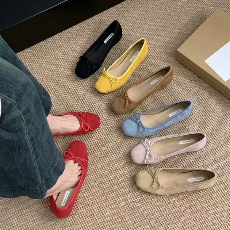 French soft sole single shoe silver womens shoes autumn scoop shoes evening style bow red flat shoes ballet shoes