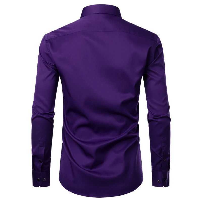 Purple Mens Dress Shirts Casual Slim Fit Bamboo Fiber Elastic Office Wedding Work Shirt Non Iron Easy Care Formal Chemise Homme W250312