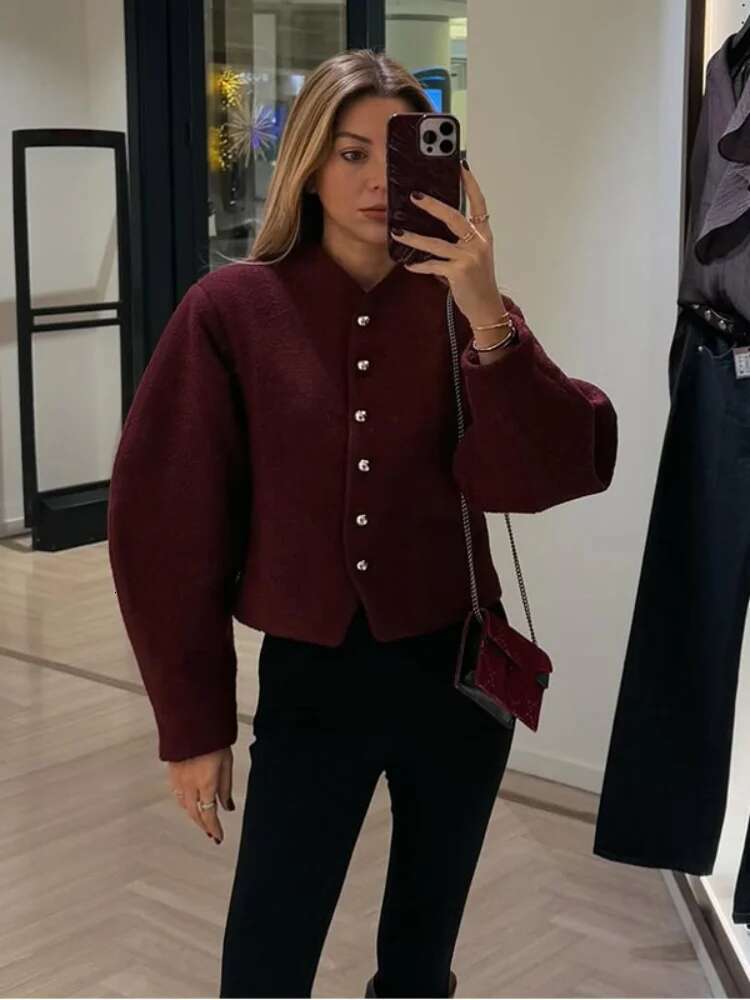 Elegant Round Neck Full Sleeve Split Slim Cropped Jacket Women Fashion Single Breasted Short Coat 2025 Lady New Spring Outwear