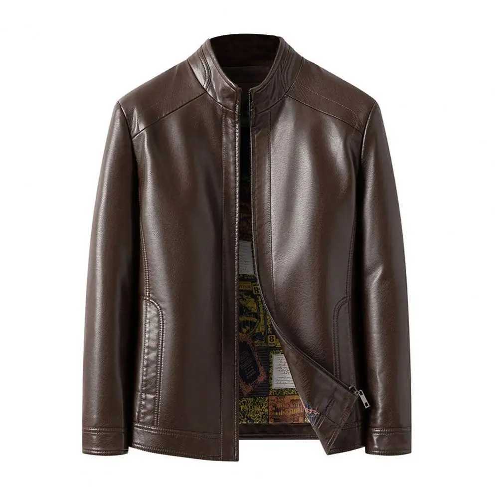 Silky Zipper Jacket Men Stylish Mens Faux Leather Jacket with Standing Collar Zipper Closure Gift for Dad or Boyfriend CasualT250311