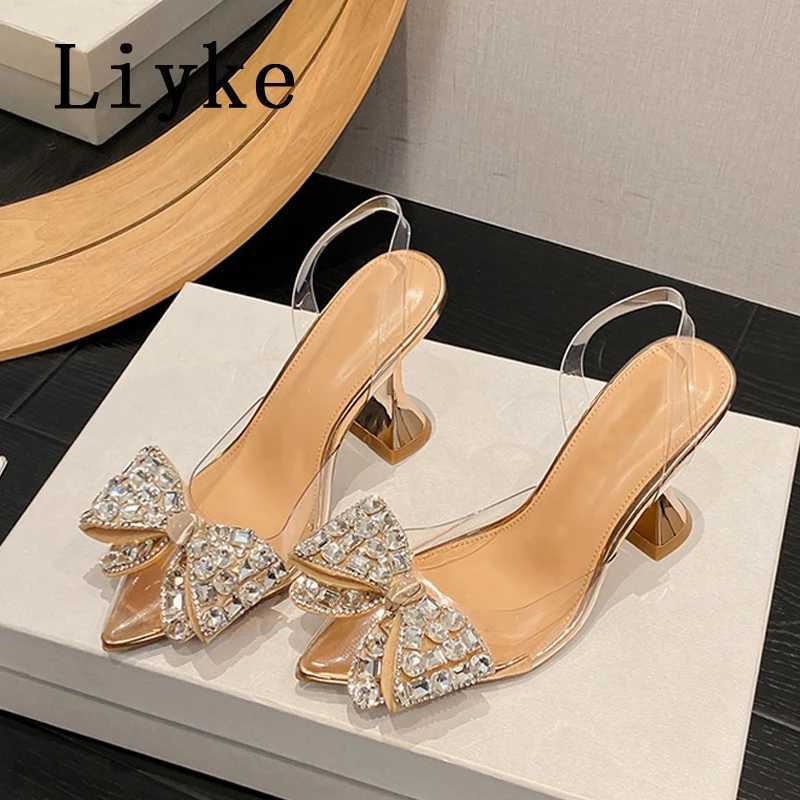 Liyke 2025 New Sier Crystal Bowknot Wen Hot Pumps High New H Transparent Sandals Sexy Pointed Toe Wedding Banquet Shoes Size 41 Z250311