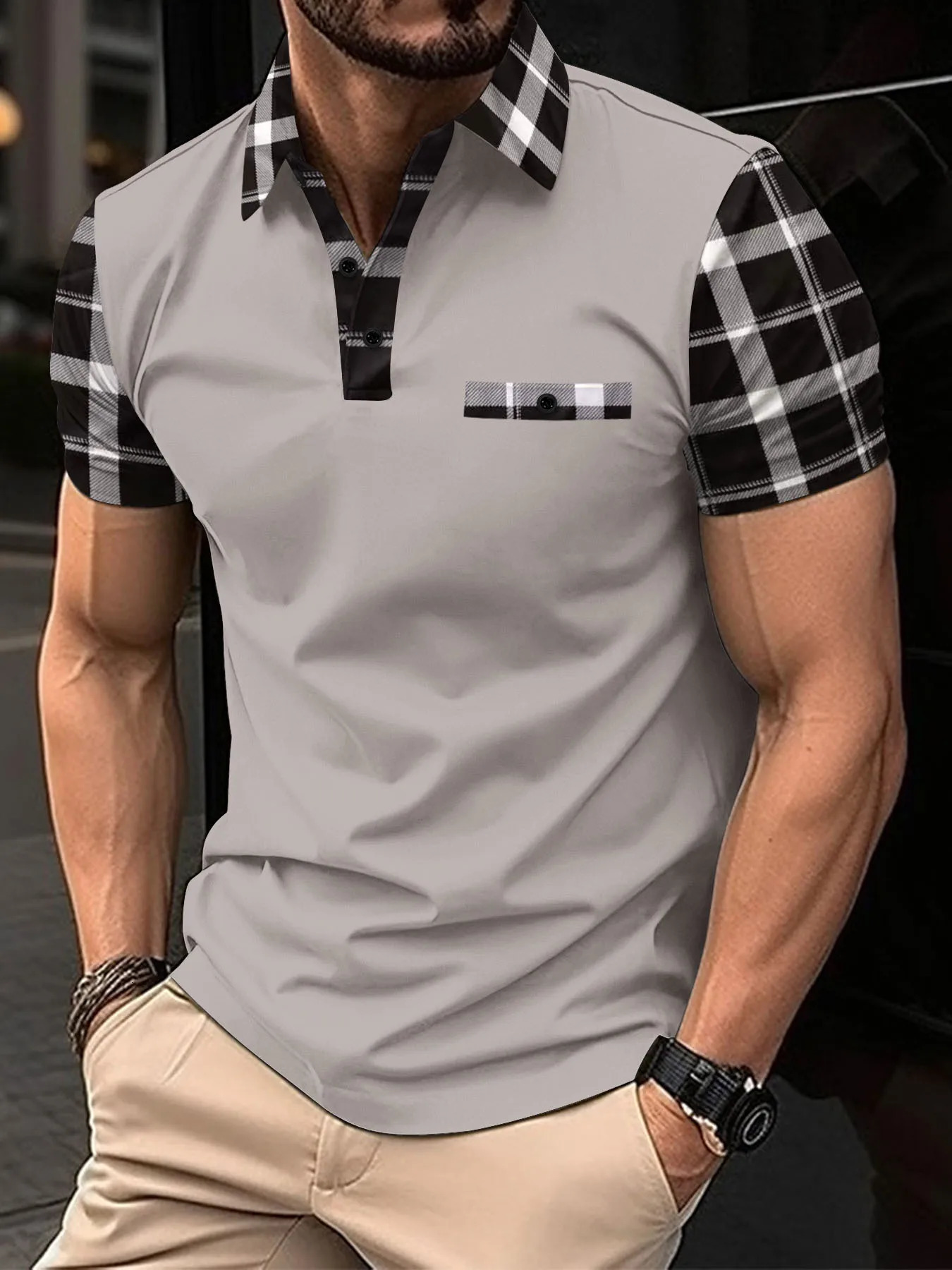 Mens short sleeved polo shirt mens sports casual loose and fashionable striped white top 250312
