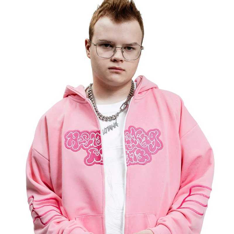Kussia88 Y2K Zip Up Hoodie Men Women Trendy Art Embroidery Sweatshirt Fashion Harajuku Pink Oversized Streetwear Unisex Clothing M250312