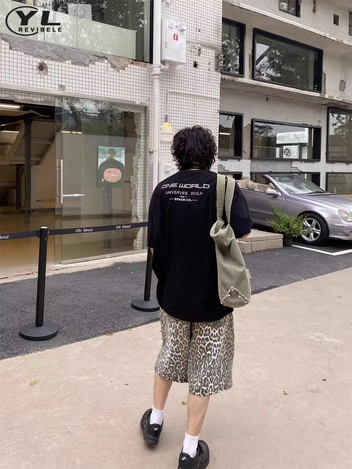 Retro leopard print wide leg jeans shorts mens hiphop bag Korean five point pants American casual straight denim 250312