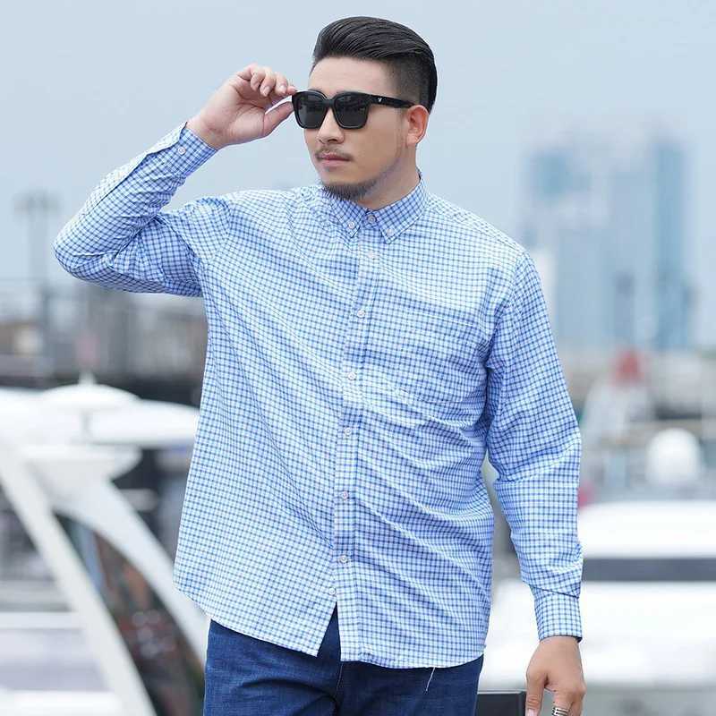 mens long sleeve plaid shirt Youth business casual spring and autumn long-sleeved shirts Blue formal mens loose shirt 8XL 0XL W250312