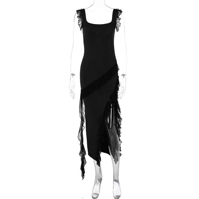 European American style women's summer autumn fashionable sexy mushroom edge splicing temperament slit dress 2025 new casual and versatile fashio