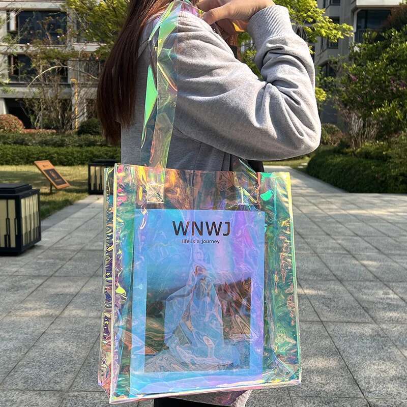 Iridescent Custom Pattern Holographic Transparent Waterproof Shoulder Tote Jelly Hand Carrying Gift Bag PVC Plastic