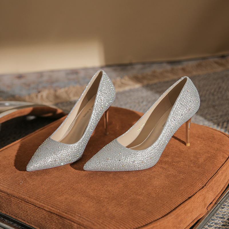 Designer shoes Korean version rhinestone high heels for women's wedding shoes, new versatile bright diamond women's shoes, hot diamond point