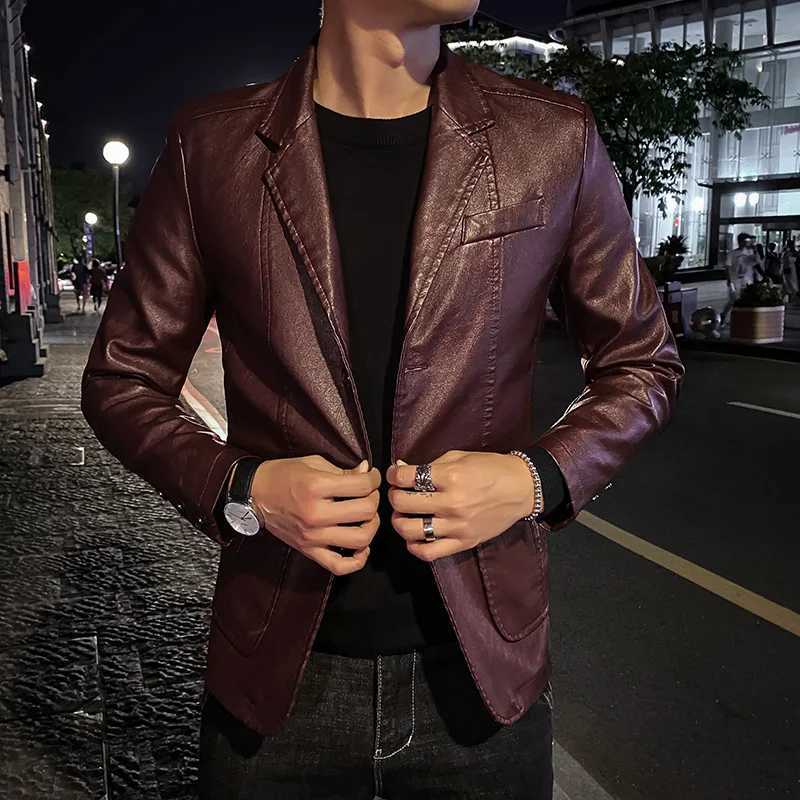 Spring New Black PU Suit Jacket Mens Fashion Slim Leather Jackets Business Casual Blazers Coat Red Blue KhakiT250311