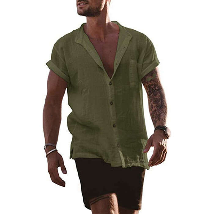 summer solid color cotton and en cardigan loose short sleeved pocket simple casual shirt men's 2025 temperament versatile new trend clothing ins