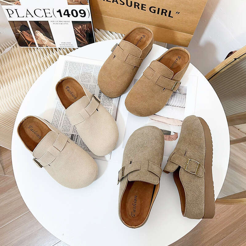 Thick with toe caps, half slip slippers, women's shoes, versatile soft soled Boken single shoes for spring and autumn wear