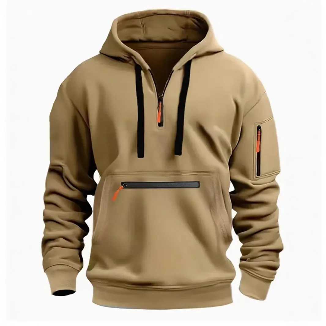 Mens hooded drawstring zipper pocket autumn and winter Hoodies fashion casual daily street solid color plus cashmere warm Tops M250312