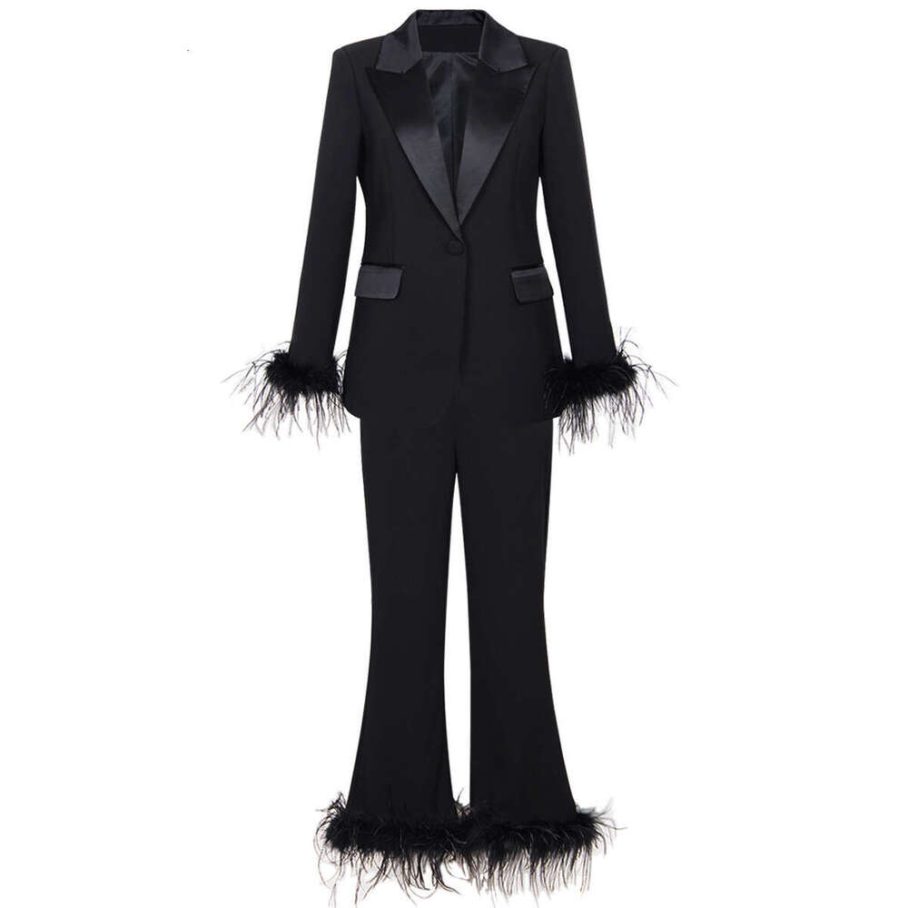 2025 Spring And Autumn New Internet Celebrity Ostrich Hair Suit Two Piece Temperament Dress Women's Pants Set