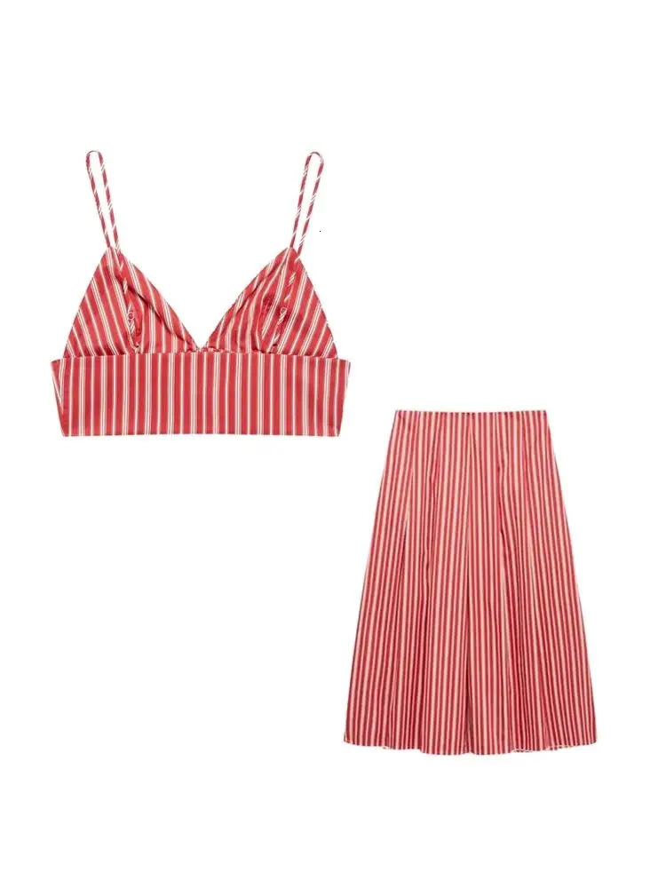 TRZA Womens Fashion Striped Crop Tank Top and Mid Waist Side Zipper Fold Midi Skirt Two Piece Set n Wear 250312