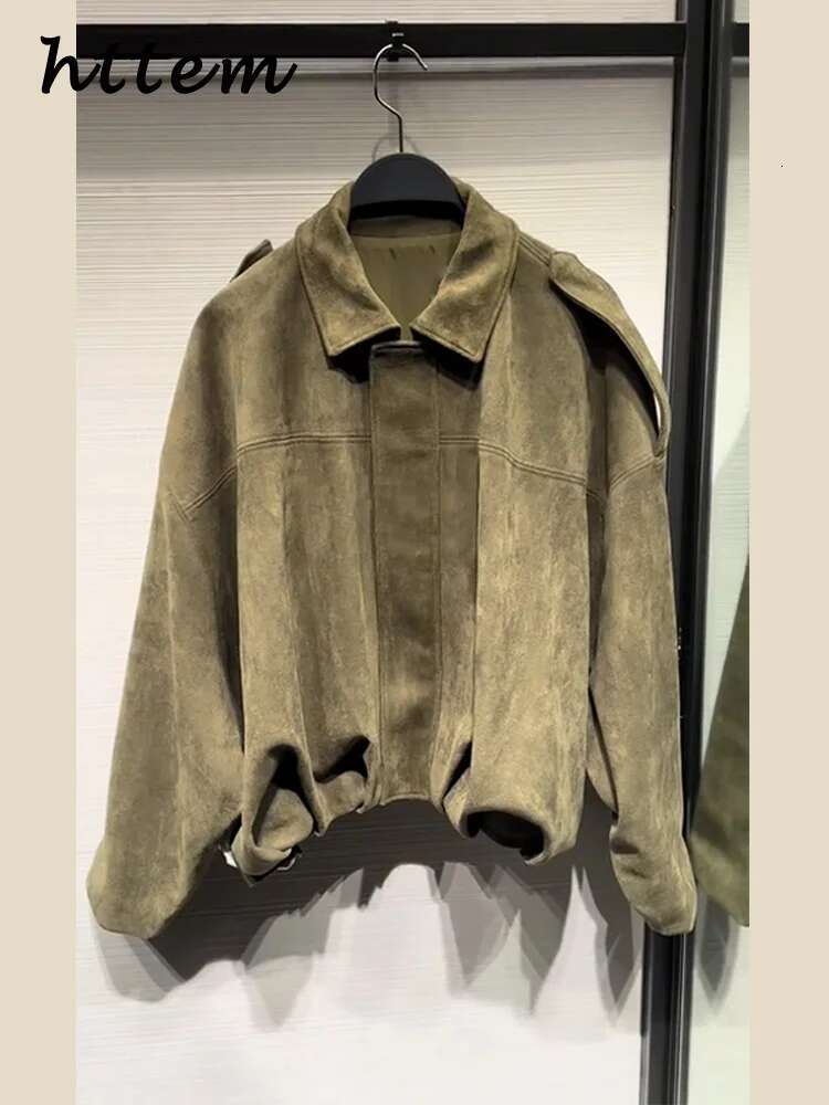 Street Women's Suede Bomber Jacket Fashion Lapel Zipper Full Sleeve Female Coats 2025 Spring Lady Casual Commute Vintage Outwear