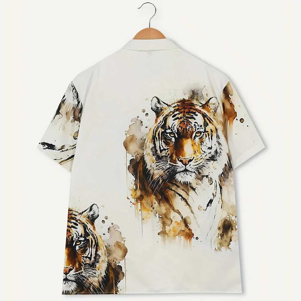 Painting tiger pattern mens retro short sleeved button down sweater summer holiday mens oversized shirt mens casual wear W250312