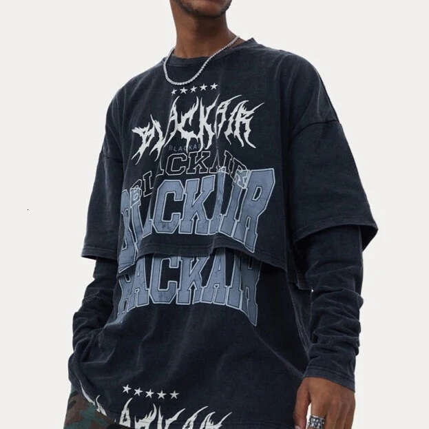Hip hop long sleeved men's loose fake two-piece T-shirt autumn street wear cotton Harajuku top