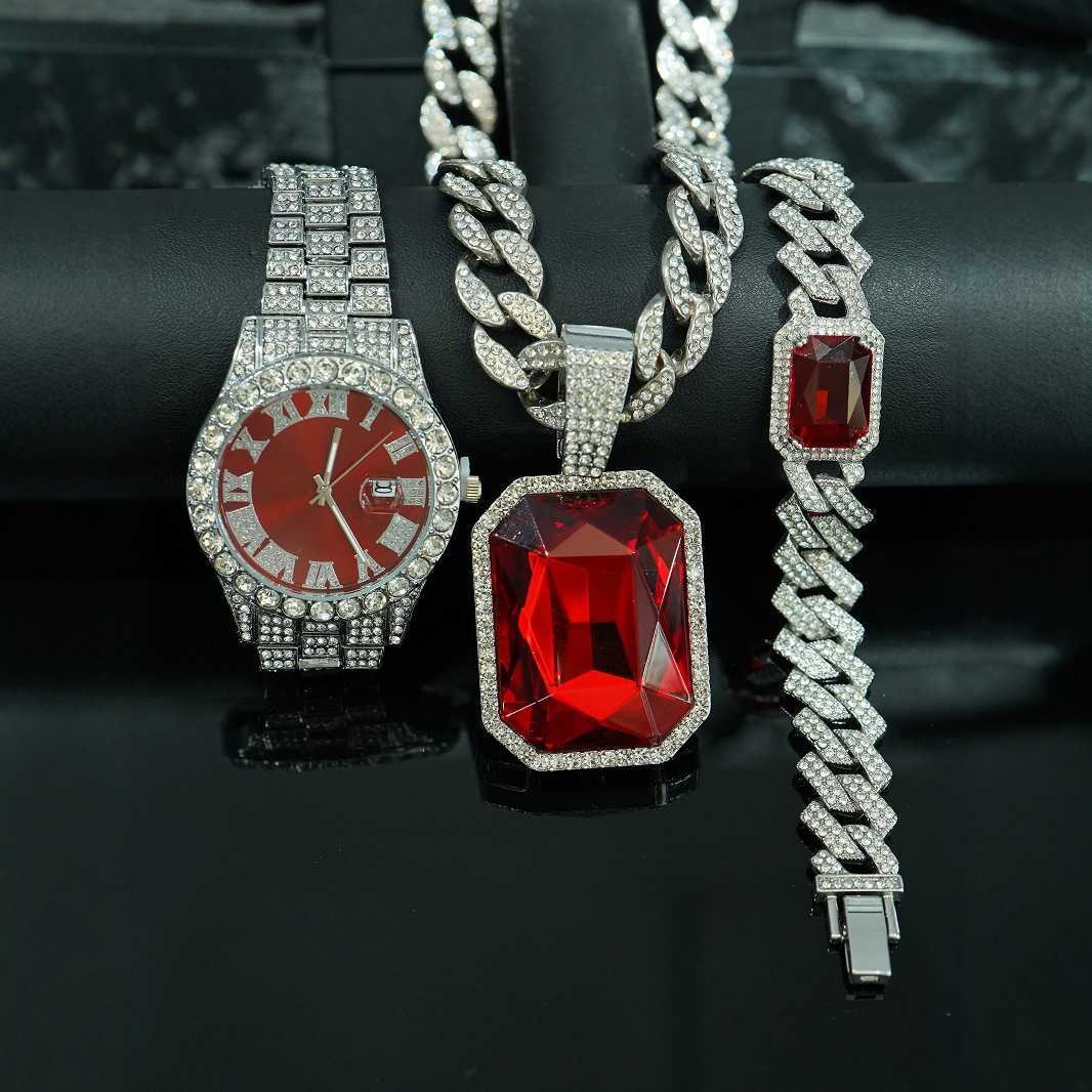 TMEU hot selling red alloy pendant bracelet necklace watch 5-piece set mens high-end gift box jewelry W250312