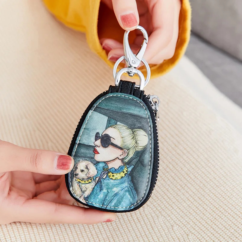 Casual Painted Women Key Bag PU Leather Key Wallets Housekeepers Car Key Holder Case Gigh Quality Keychain Pouch 250311