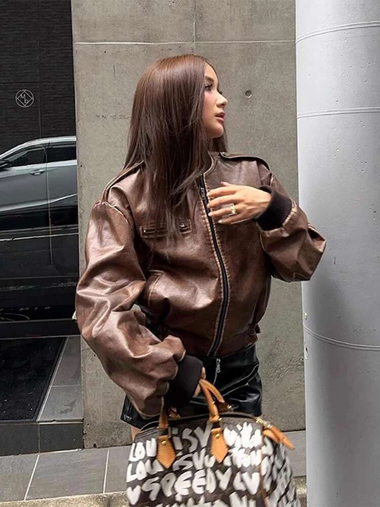 Vintage Made Old Leather Jacket Classic Wipe Color Motorcycle Jackets Women Denim Short Coat French Fashion Overcoat Top