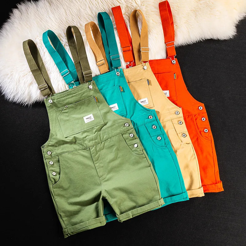 Summer Men Bib Pants Solid Color Casual Shorts Jumpsuits Streetwear Joggers Multi Pockets Fashion Suspenders Cargo Overalls 250312