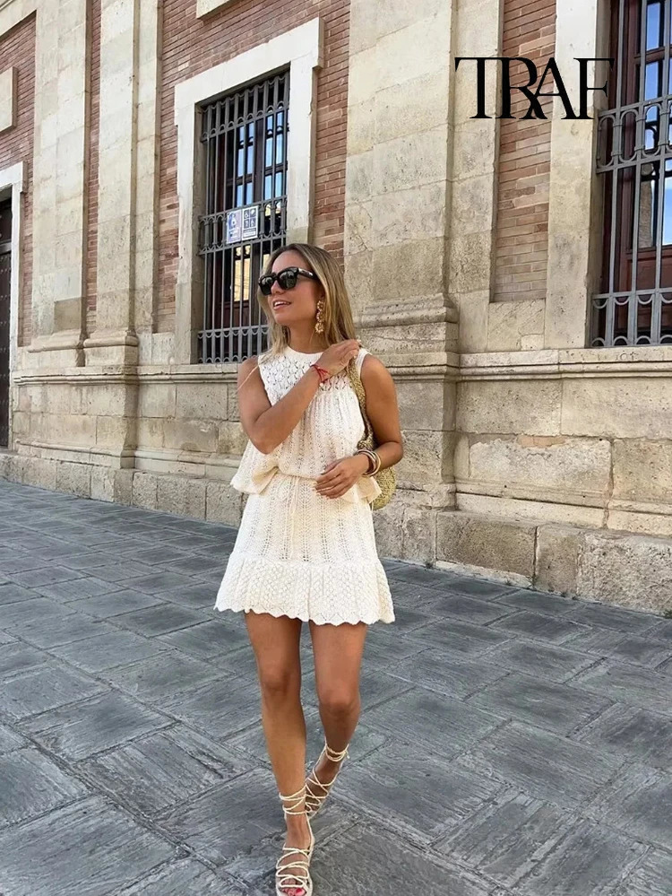 TRAF Womens Fashion Jacquard Sleeveless Top Set Elegant Skeleton Knitted Mini Skirt Lace Folded 250312