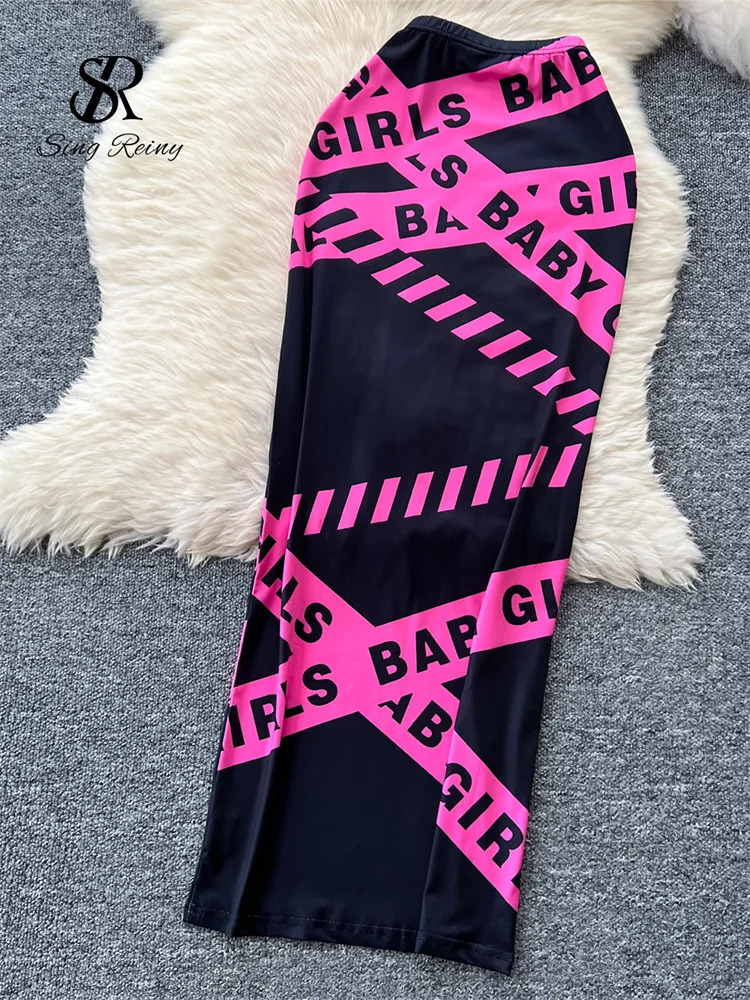 SINGREENY American Retro sexy twopiece womens strapless mini tank topelastic long Skirt letter printed party set 250312