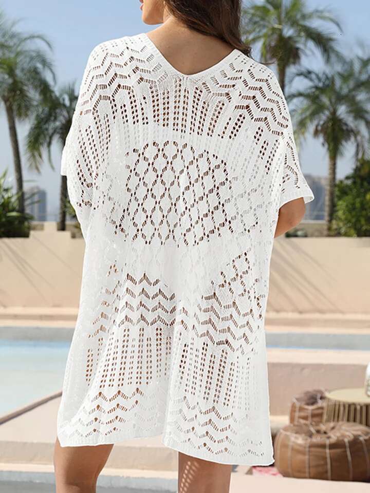 Mesh Crochet Beach Shirt Women Solid Cover Up Ladies Long Sleeve Hollow Out 2024 Sexy Beachwear Bathers Swim Bathing Suit
