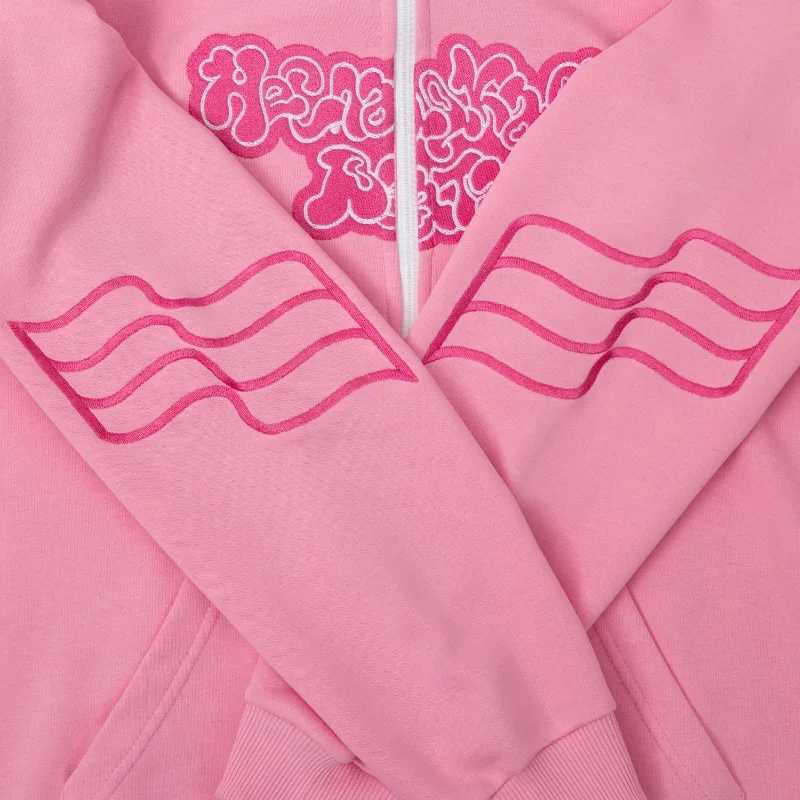Kussia88 Y2K Zip Up Hoodie Men Women Trendy Art Embroidery Sweatshirt Fashion Harajuku Pink Oversized Streetwear Unisex Clothing M250312