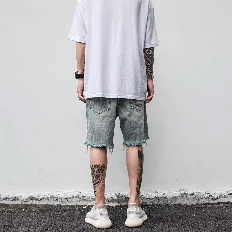 Summer mens hole straight wide leg Harlan jeans shorts elastic high wash pocket denim 250312