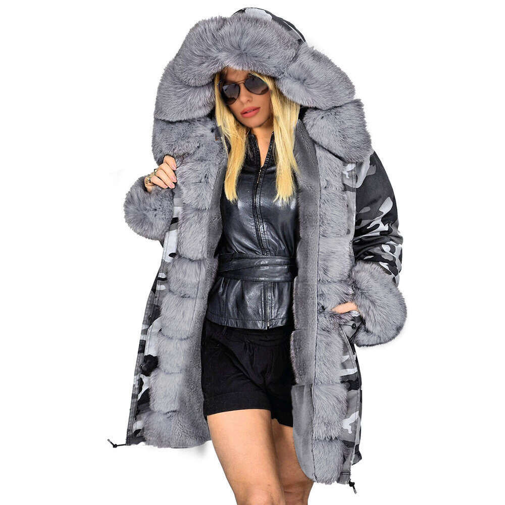 2022 Autumn/Winter New Slim Fit Warm Women's Camo Long Wool Collar Hooded Cotton Coat