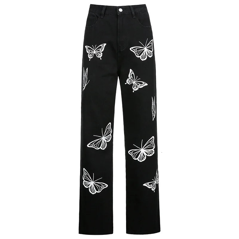Black Baggy Jeans Women Print Aesthetic Denim Pants Fashion High Waist Straight Long Trousers Ladies Streetwear 250311