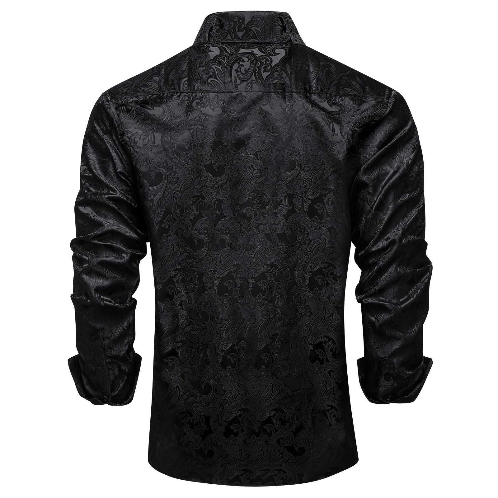 Black Paisley Solid Silk Polyester Luxury Long Sleeve Dress Shirts for Wedding Prom Turn Down Collar Shirt Brand Men Clothing W250312