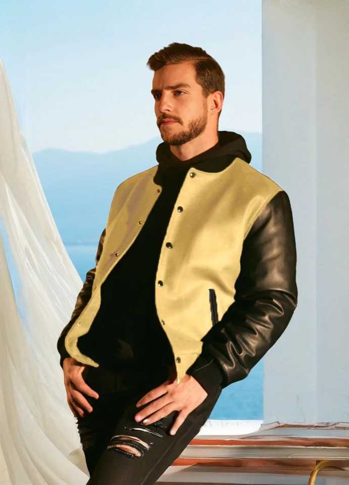 Hot selling new mens casual single-breasted jacket spring and autumn new mens PU leather sleeve spliced jacketT250311