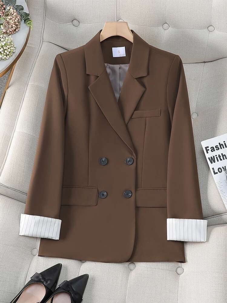 Fashion Women Casual Blazer Coat Yellow Beige Black Female Long Sleeve Double Breasted Loose Ladies Jacket