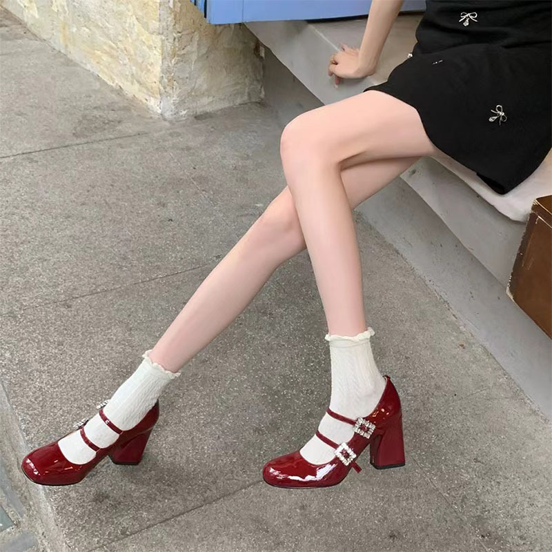French style rhinestone thick Mary Jane shoes, silver high heels, shallow mouth square toe, one line buckle, matching skirt, single shoe for women #dd