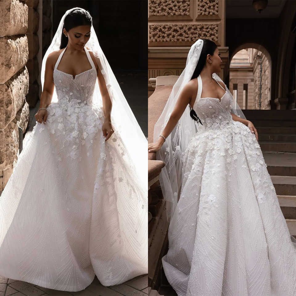 Elegant A e Women Wedding Halter Sleeveless Bridal Gowns 3D Appliques Beaded Sweep Train Dress Custom Made