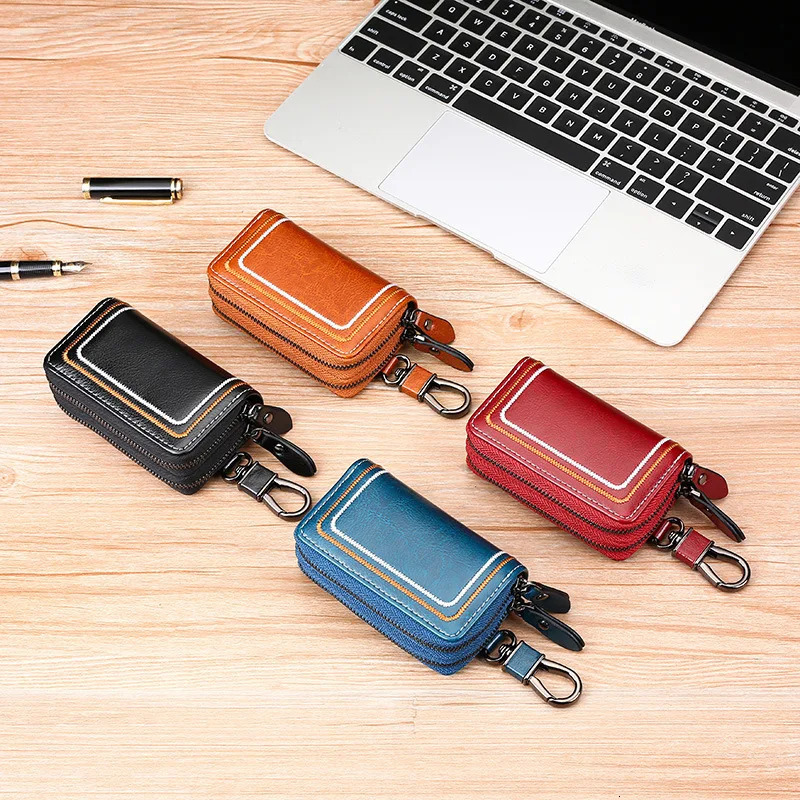 Fashion Genuine Leather Key Wallets Men Simple Car Key Holders Top Quality Double Zipper Keychain Case Women Housekeeper Purse 250311