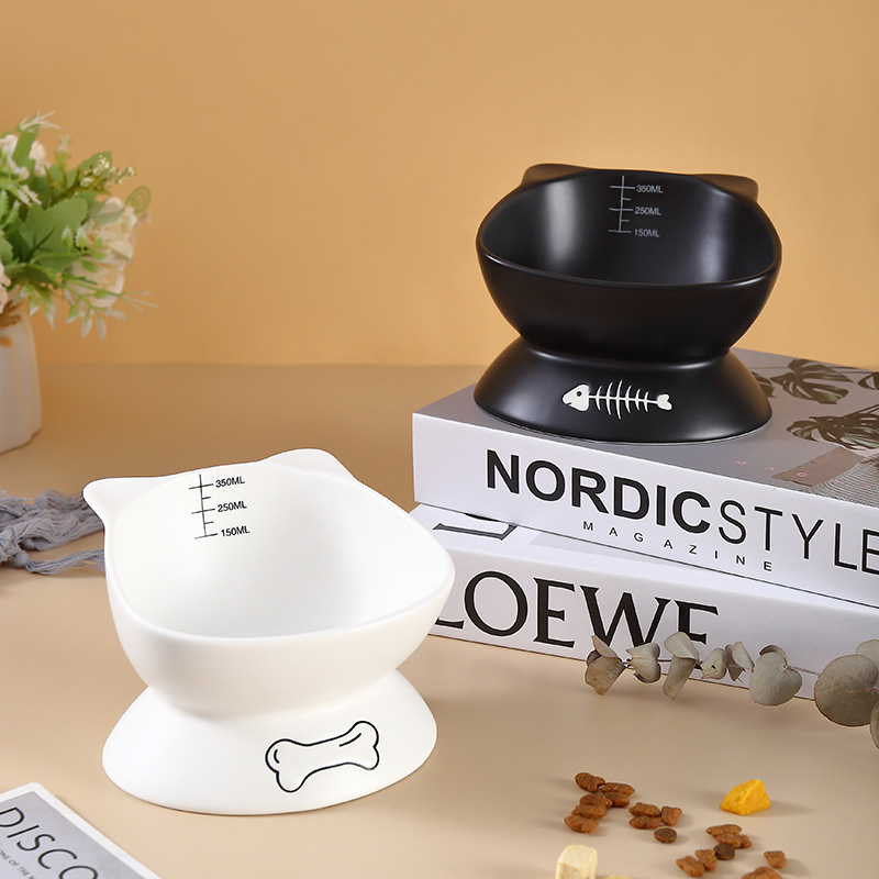 New Arrival Large Caliber Dog or Cat Bowl Drinking Water Food StuffHigh Feet Tableware Pet Product Ceramic Black White Ear Styling 1Pc