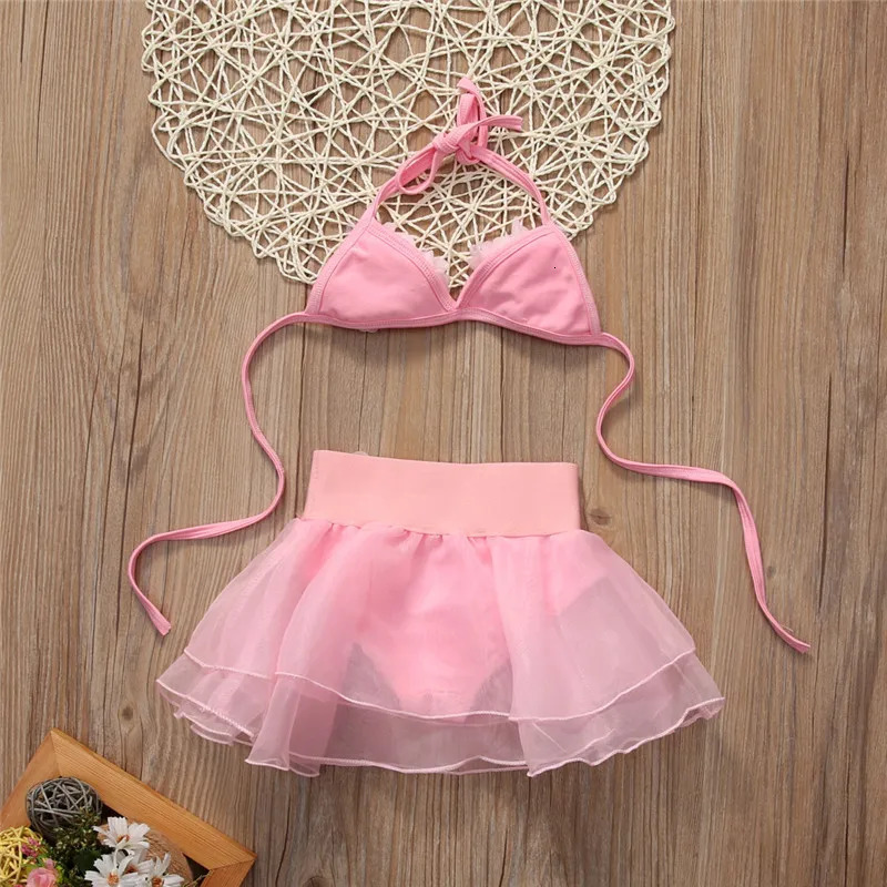 1-6years Baby Girls Swimwear Solid Pink Hanging-Neck Floral Top Tutu Skirt With Panty Swimsuits For Girl Summer Beach Bikini Set 250311
