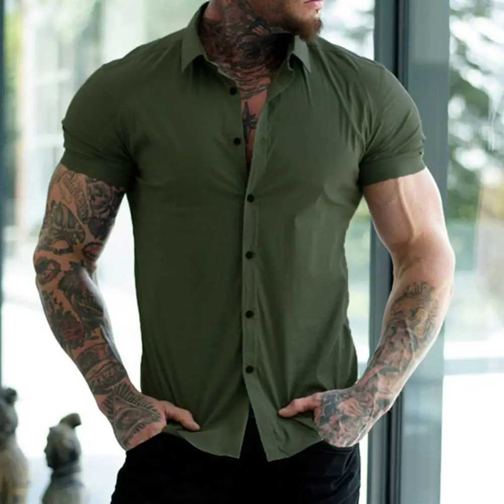 Mens Summer Lapel Short Sleeve Shirt Tops Single Breasted Solid Color Slim Fit Stretchy Anti-wrinkle Business Shirt Workwear W250312