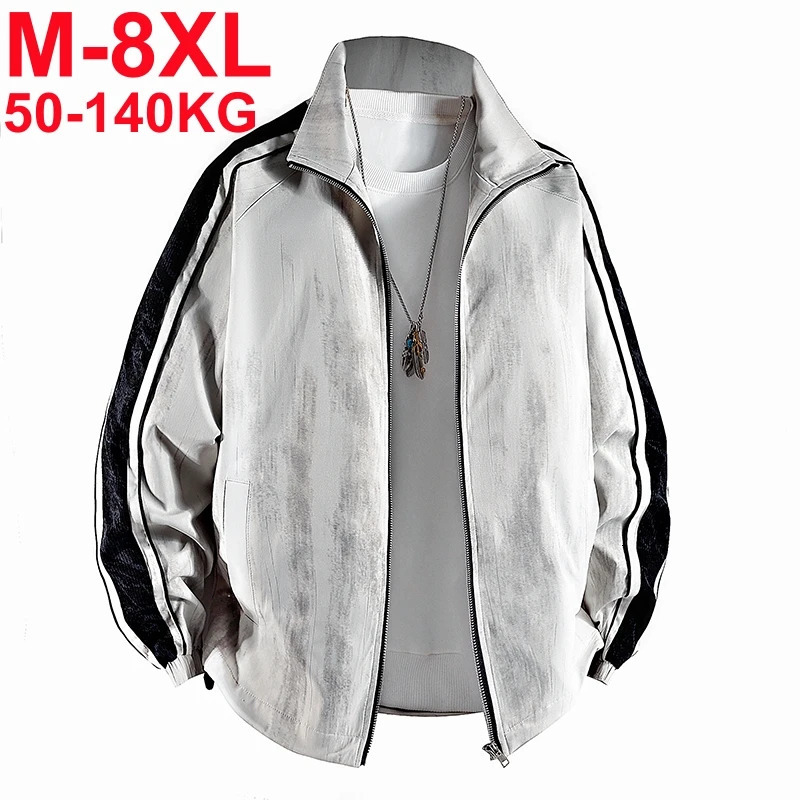 Spring Autumn Mens Windbreaker Jackets Korean Fashion Windproof Outdoor Stripe Side Stand Collar Loose Coat Big Size 8XL 250312